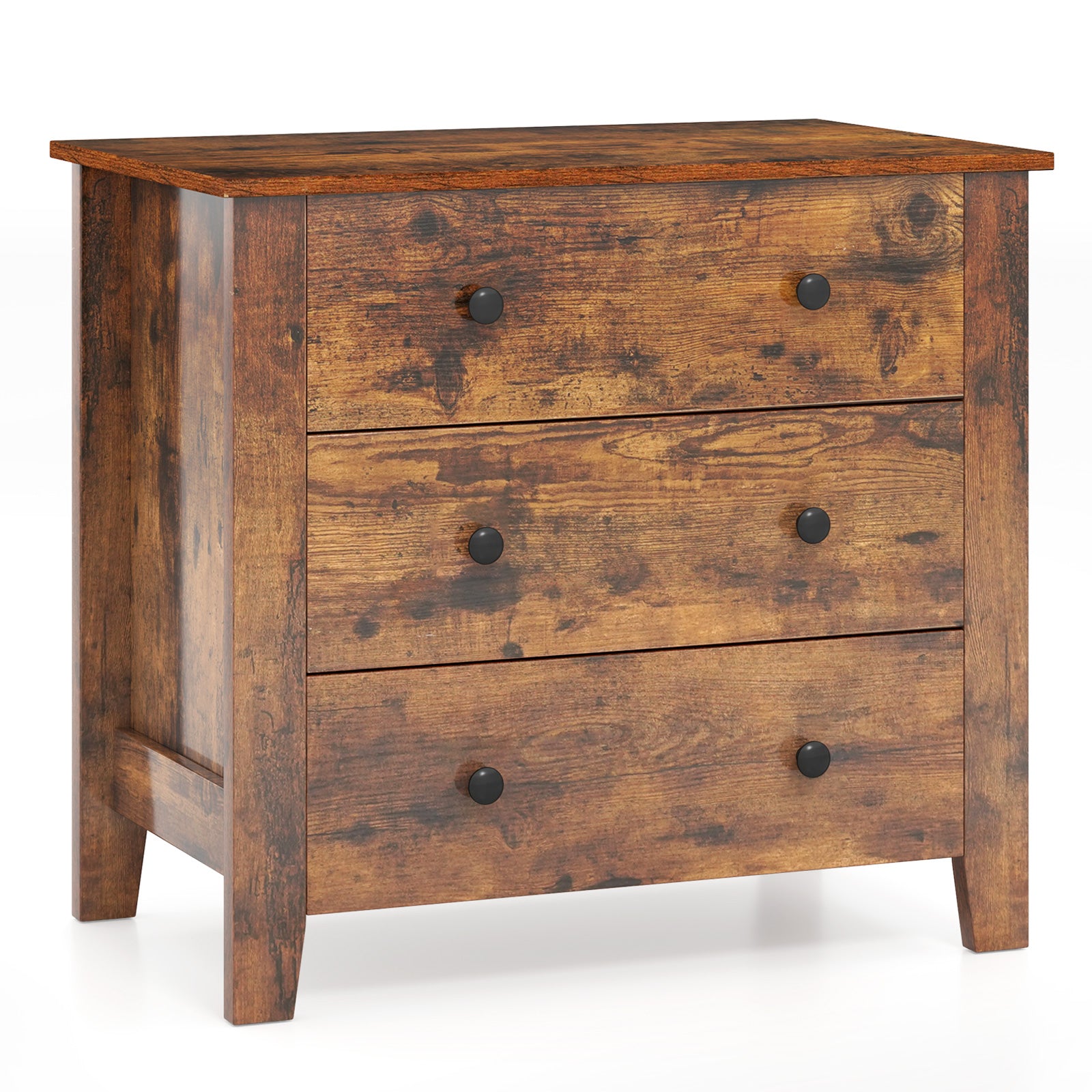 3 Drawer Dresser Chest of Drawers Bedside Table-Black - Rustic Brown