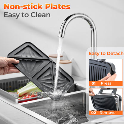 3-in-1 1082W Sandwich Maker with Removable Non-Stick Plates-Black