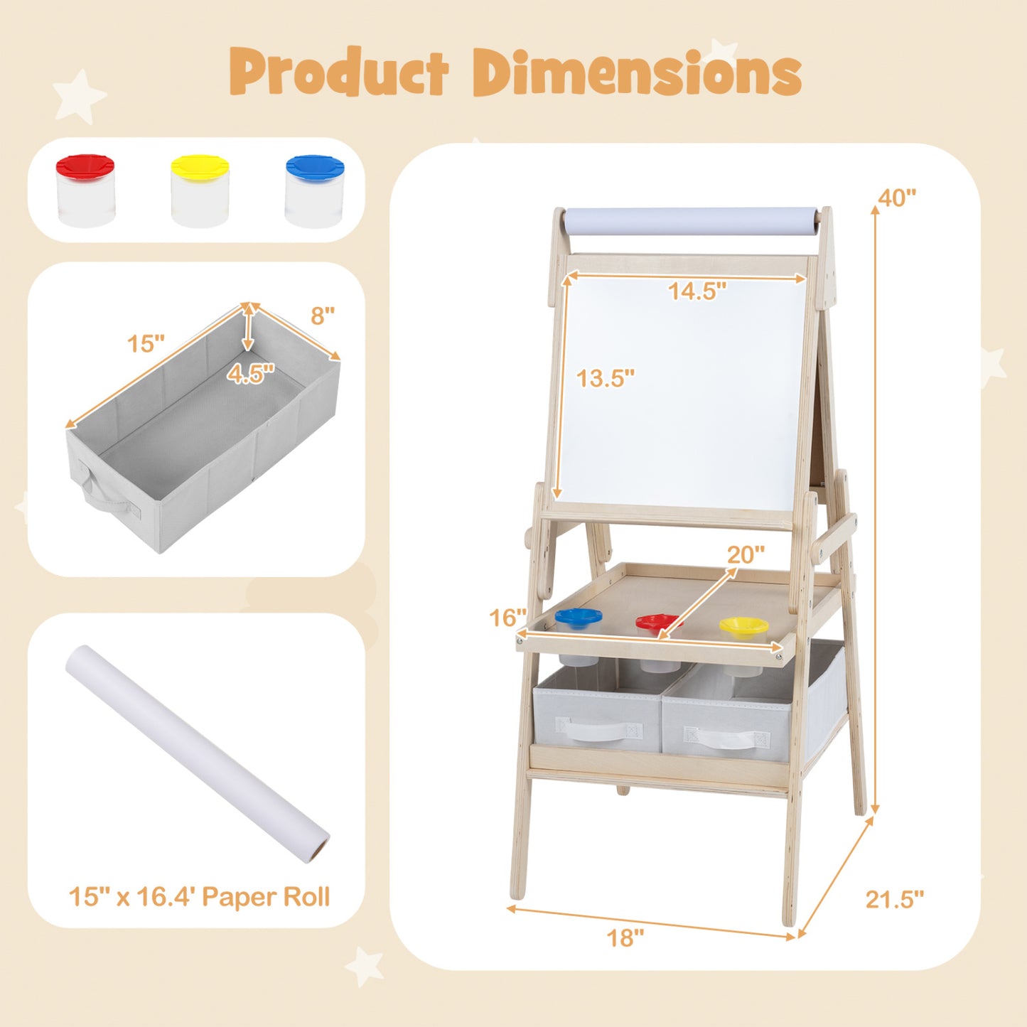 3-in-1 Kids Art Easel with Magnetic Whiteboard & Chalkboard