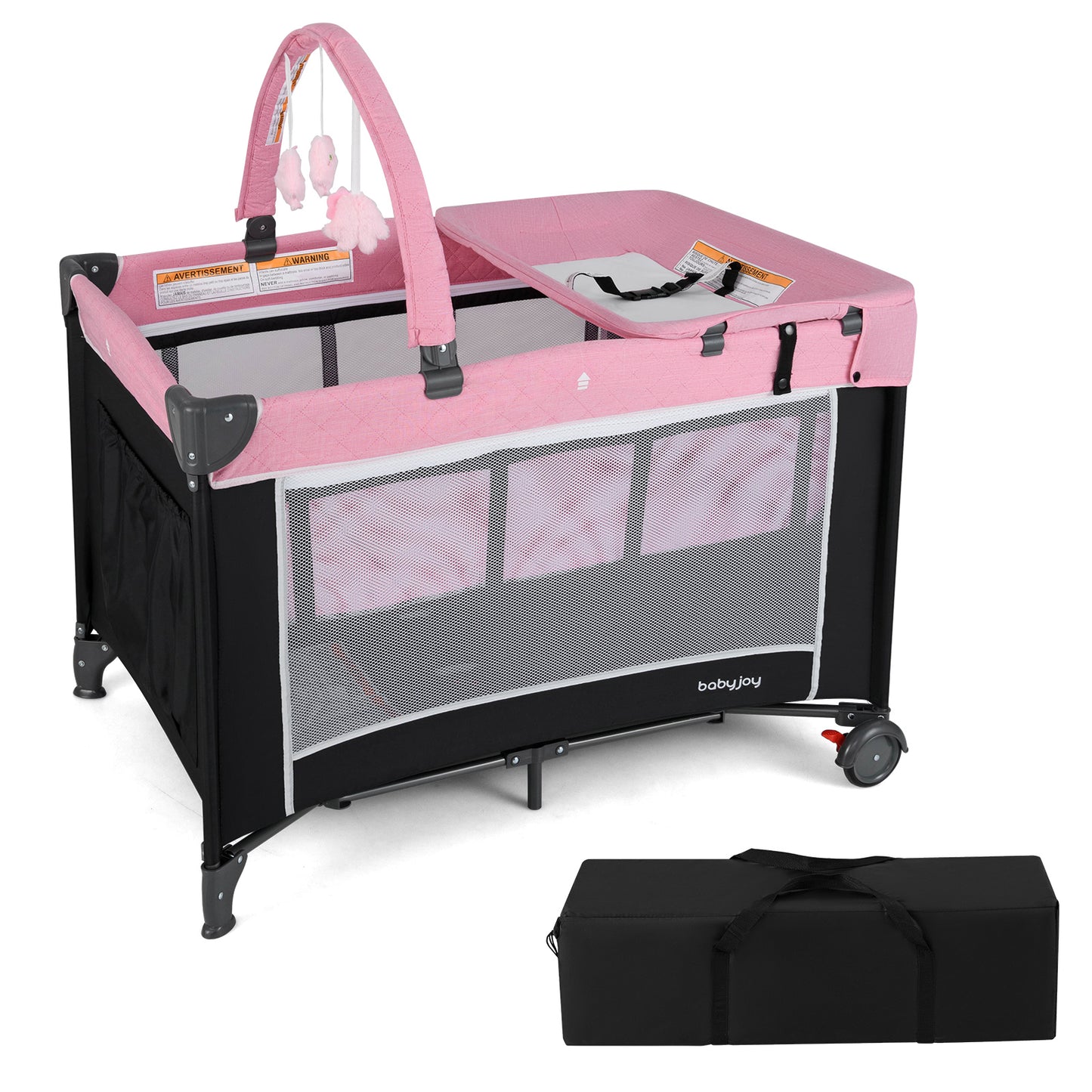 3-in-1 Portable Baby Crib and Playpen with Changing Table-Gray - Pink