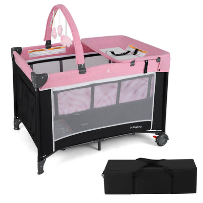 3-in-1 Portable Baby Crib and Playpen with Changing Table-Gray - Pink