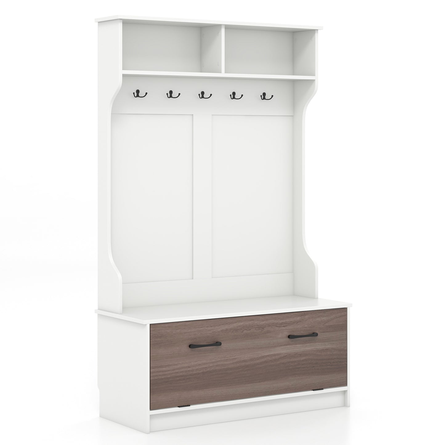 3 in 1 Coat Rack with Entryway Bench and Hooks and Enclosed Cabinet-Black - White