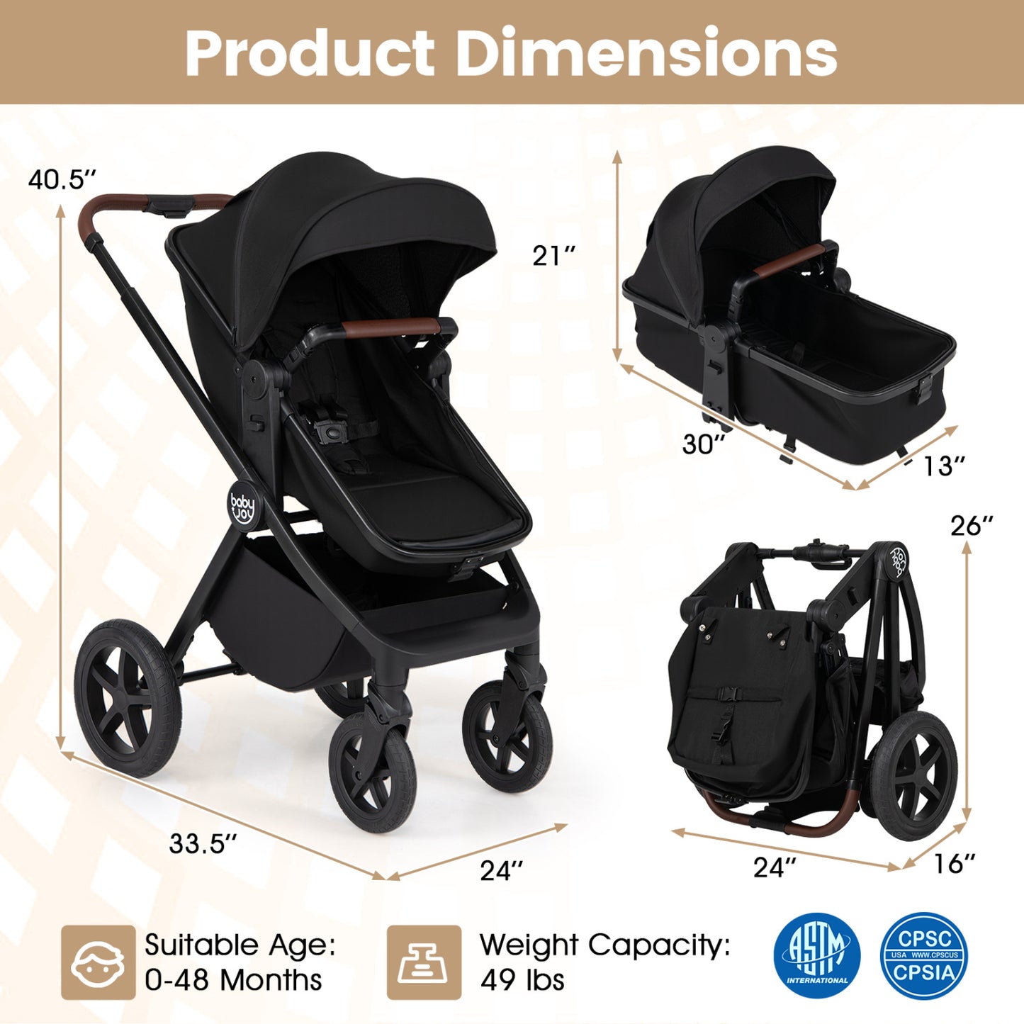 3-in-1 Convertible High Landscape Bassinet Stroller