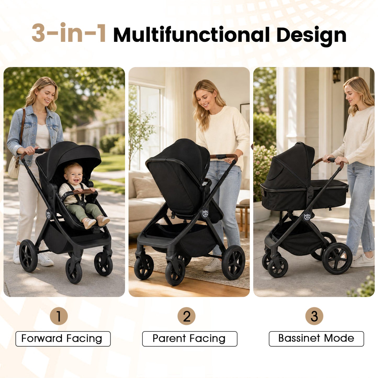 3-in-1 Convertible High Landscape Bassinet Stroller