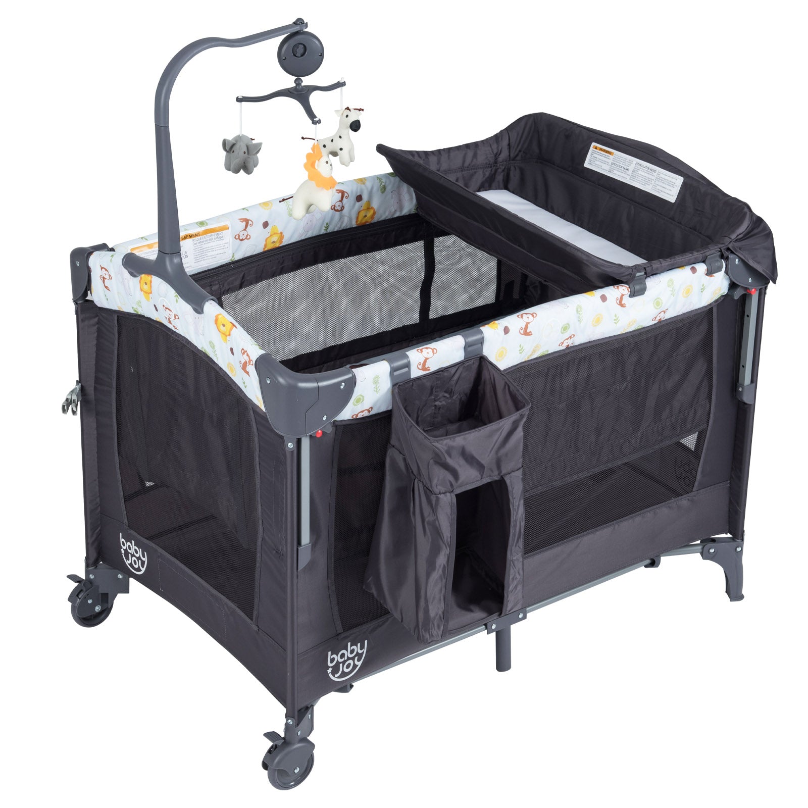 3-in-1 Convertible Portable Baby Playard with Music Box and Wheel and Brakes-Dark Gray