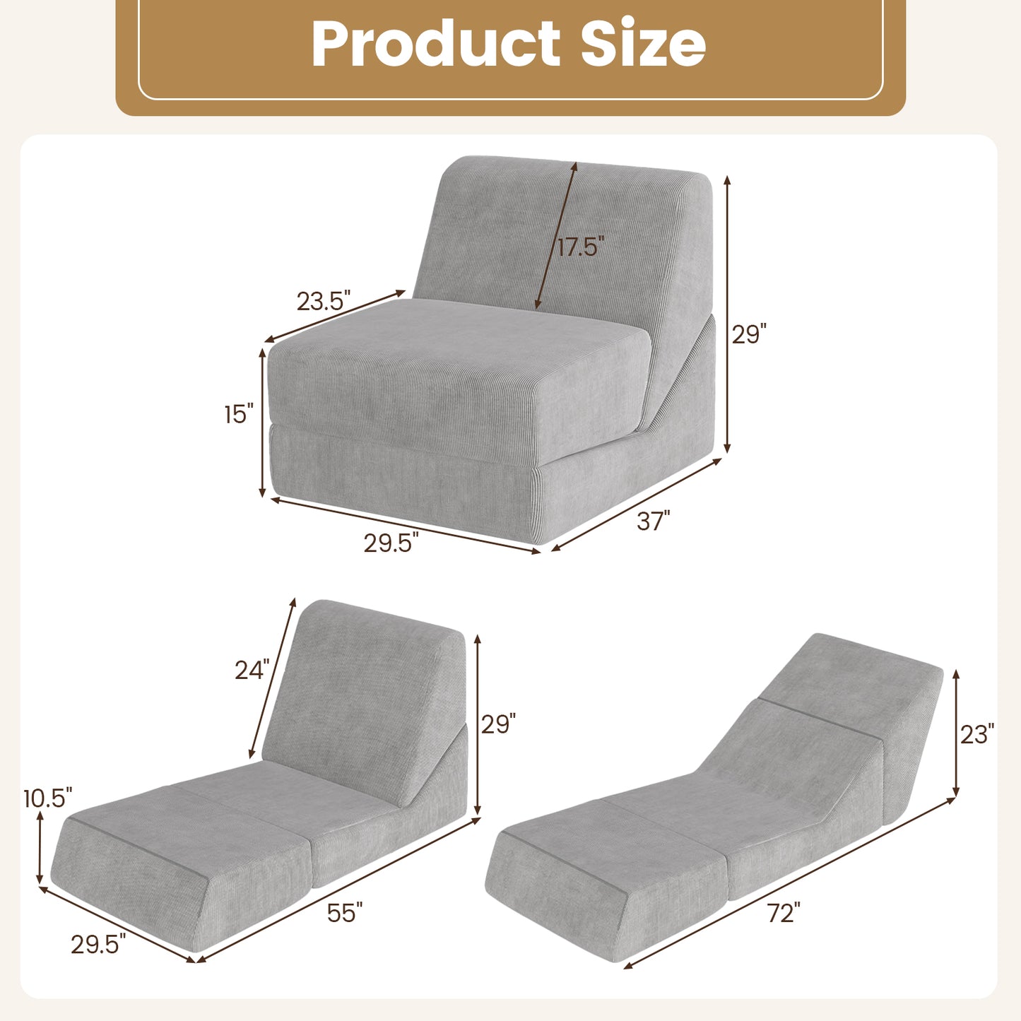 3-in-1 Folding Sofa Bed with Washable Zippered Cover-Gray