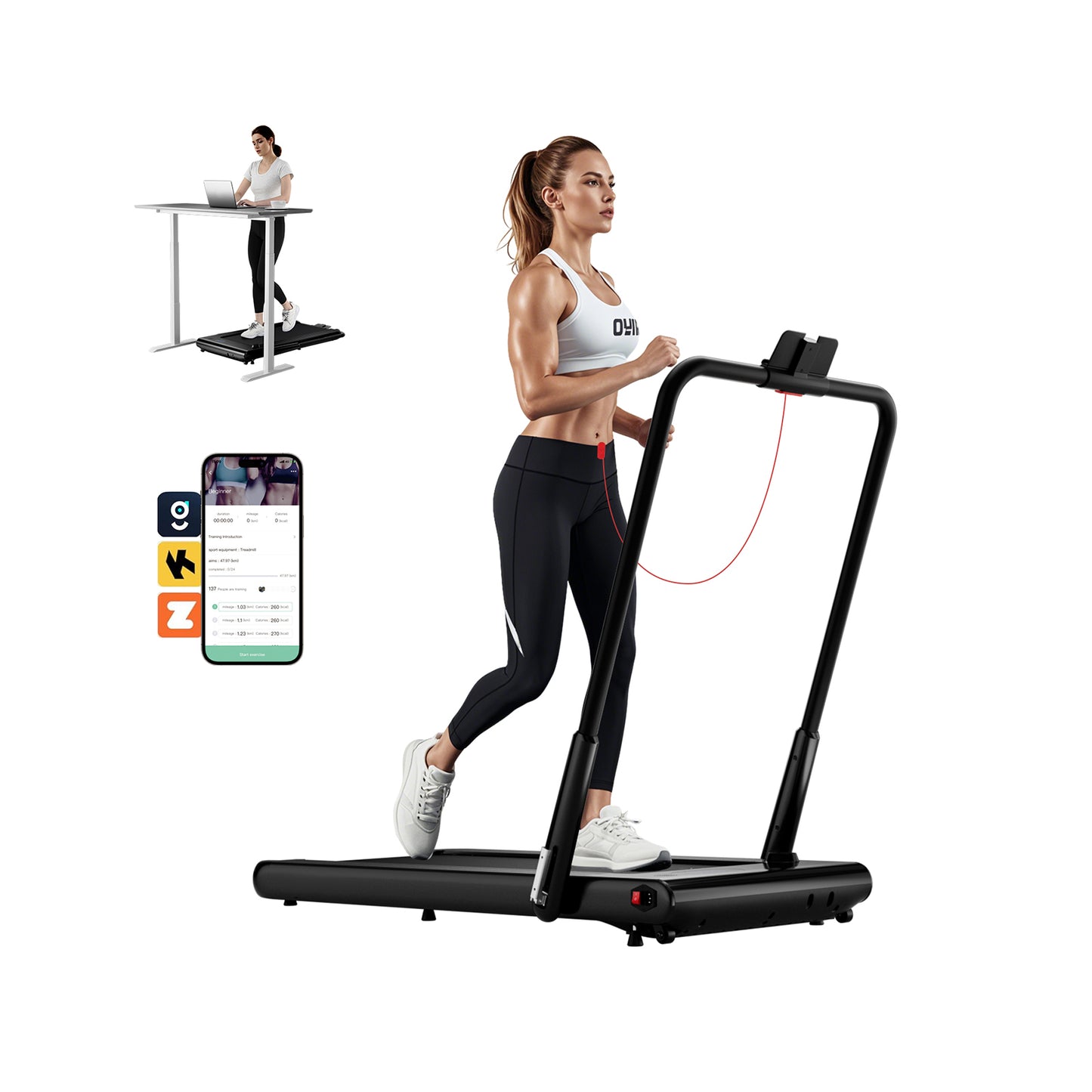 3-in-1 3HP Folding Treadmill with Smart Apps Remote Control and Speakers-Black - Black