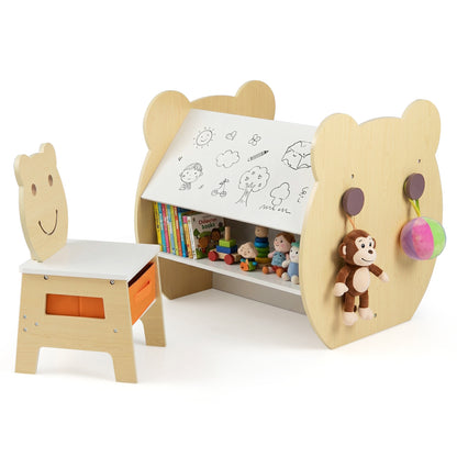3-in-1 Kids Art Table and Chair with Storage and Reversible Whiteboard Chalkboard for Ages 3-10 Years Old-White