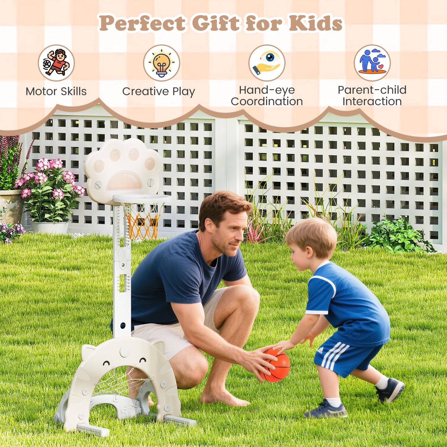 3 in 1 Kids Basketball Hoop with Basketball and Foldable Rim-Gray
