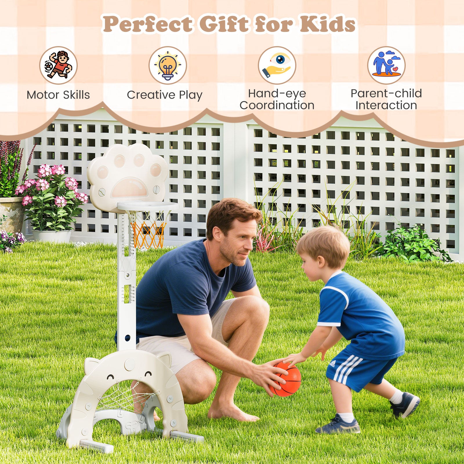 3 in 1 Kids Basketball Hoop with Basketball and Foldable Rim-Gray