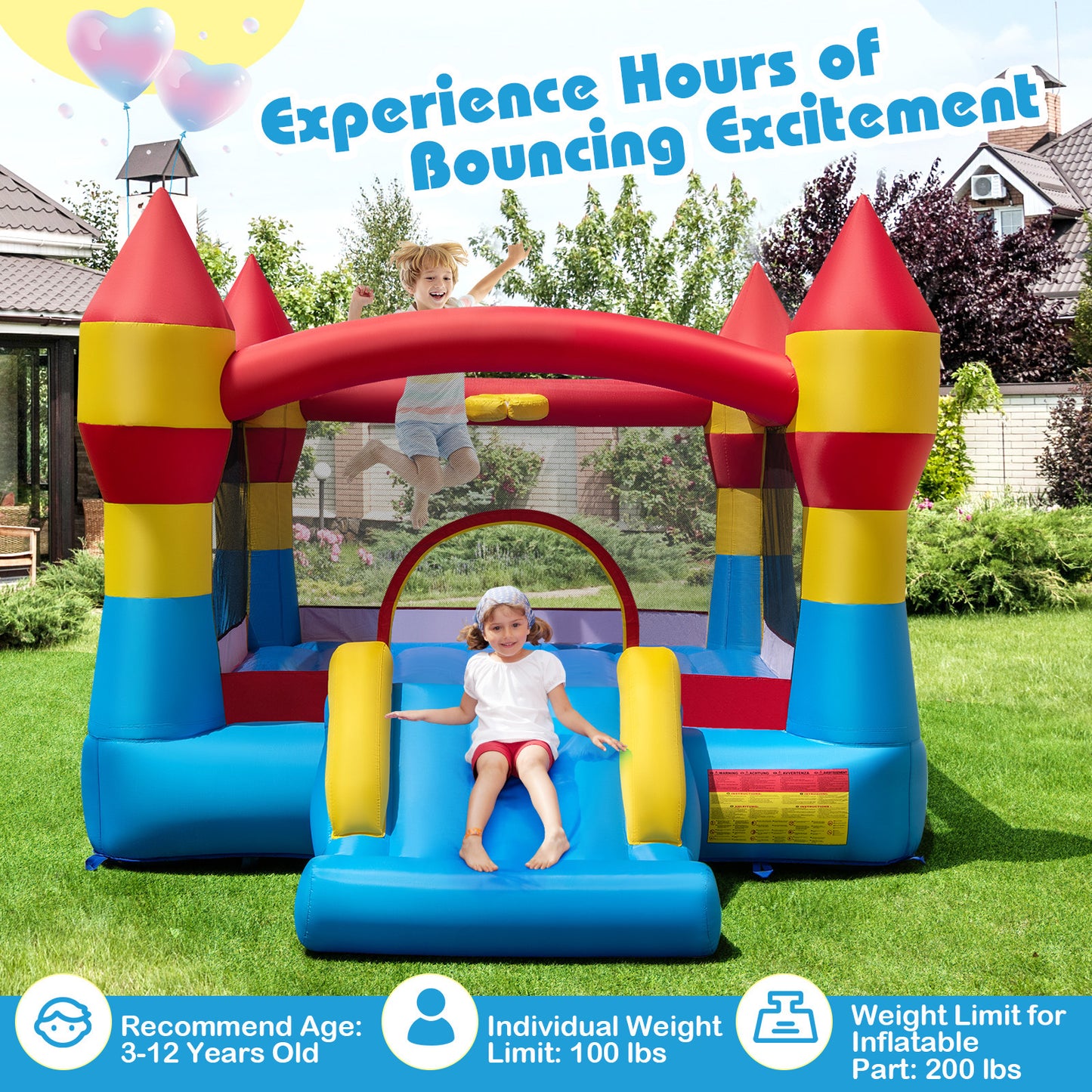 3-in-1 Kids Bouncer with Slide Large Jumping Area and Basketball Hoop without Blower
