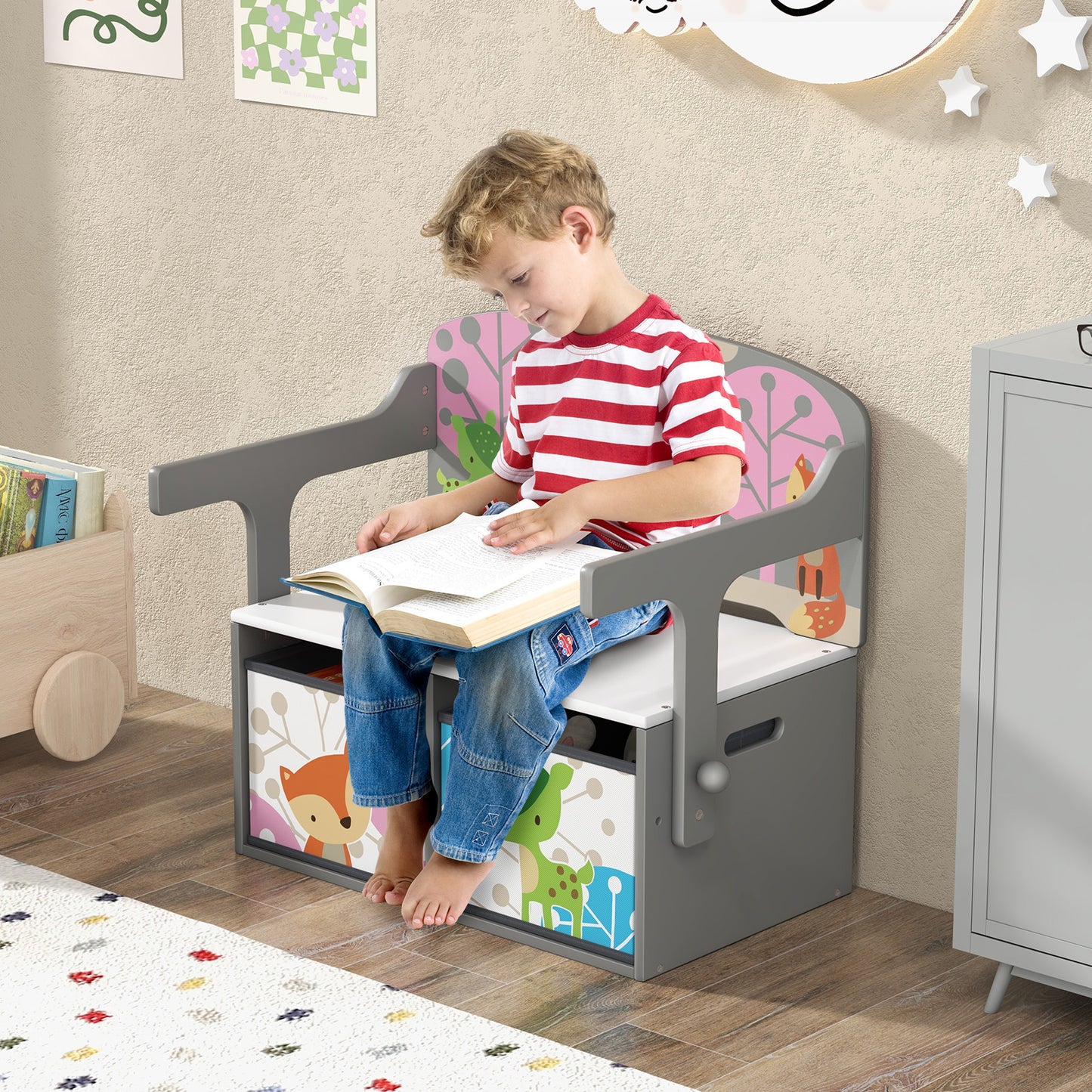 3 in 1 Kids Convertible Activity Bench with 2 Removable Fabric Bins