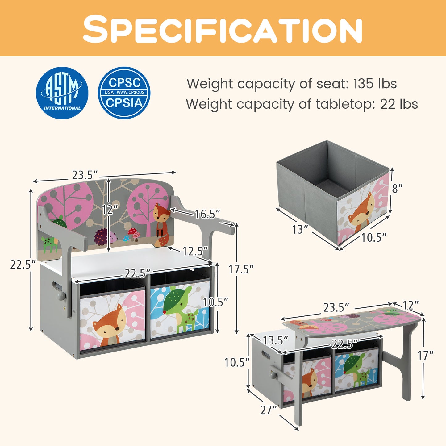 3 in 1 Kids Convertible Activity Bench with 2 Removable Fabric Bins