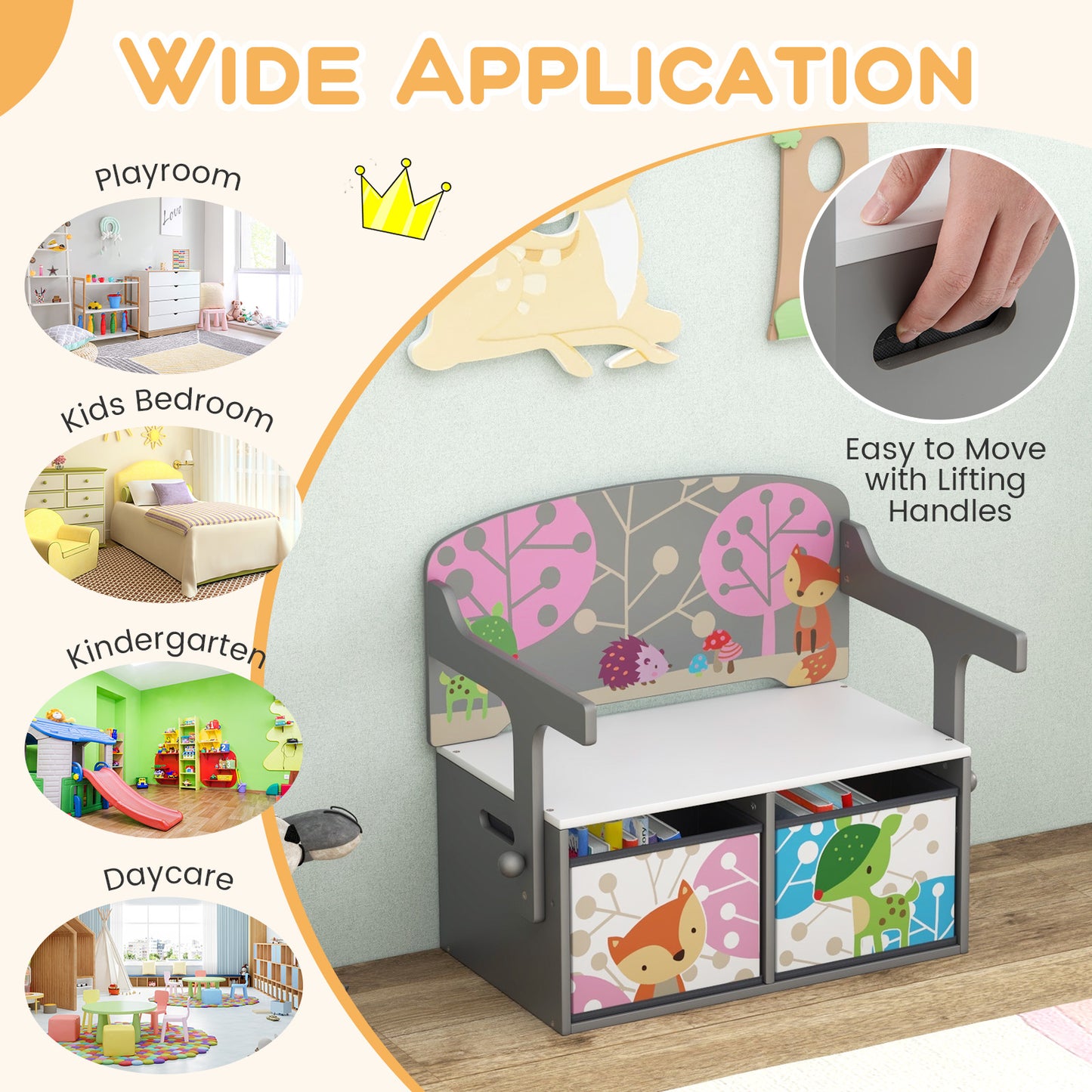 3 in 1 Kids Convertible Activity Bench with 2 Removable Fabric Bins
