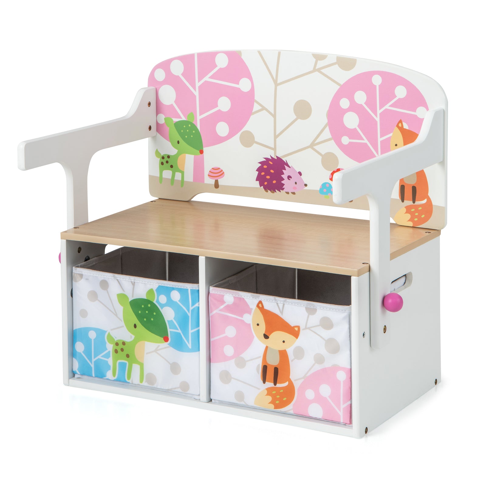 3 in 1 Kids Convertible Activity Bench with 2 Removable Fabric Bins-Gray - White