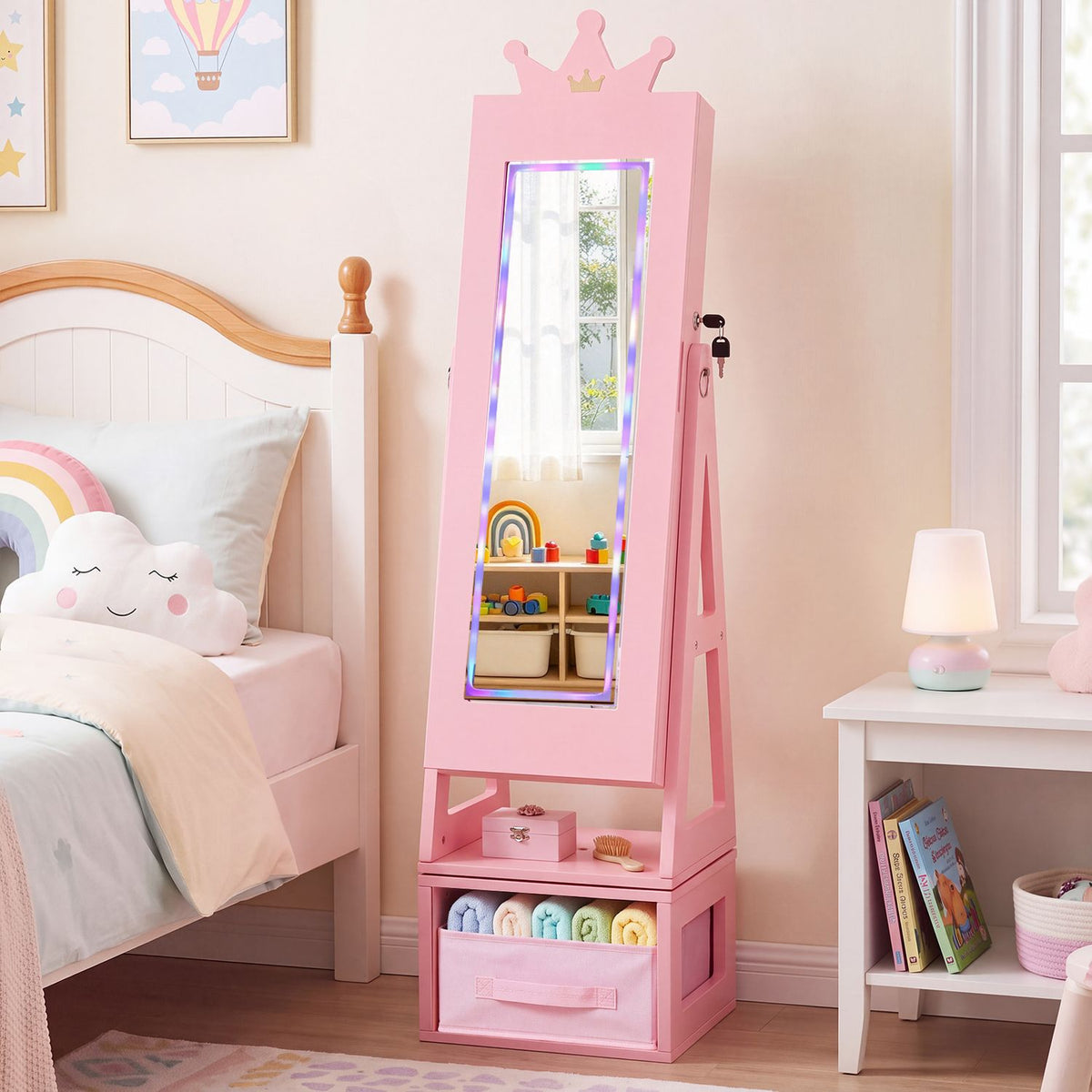 3-in-1 Kids Jewelry Cabinet with Lighted Full Length Mirror and Internal Mirror