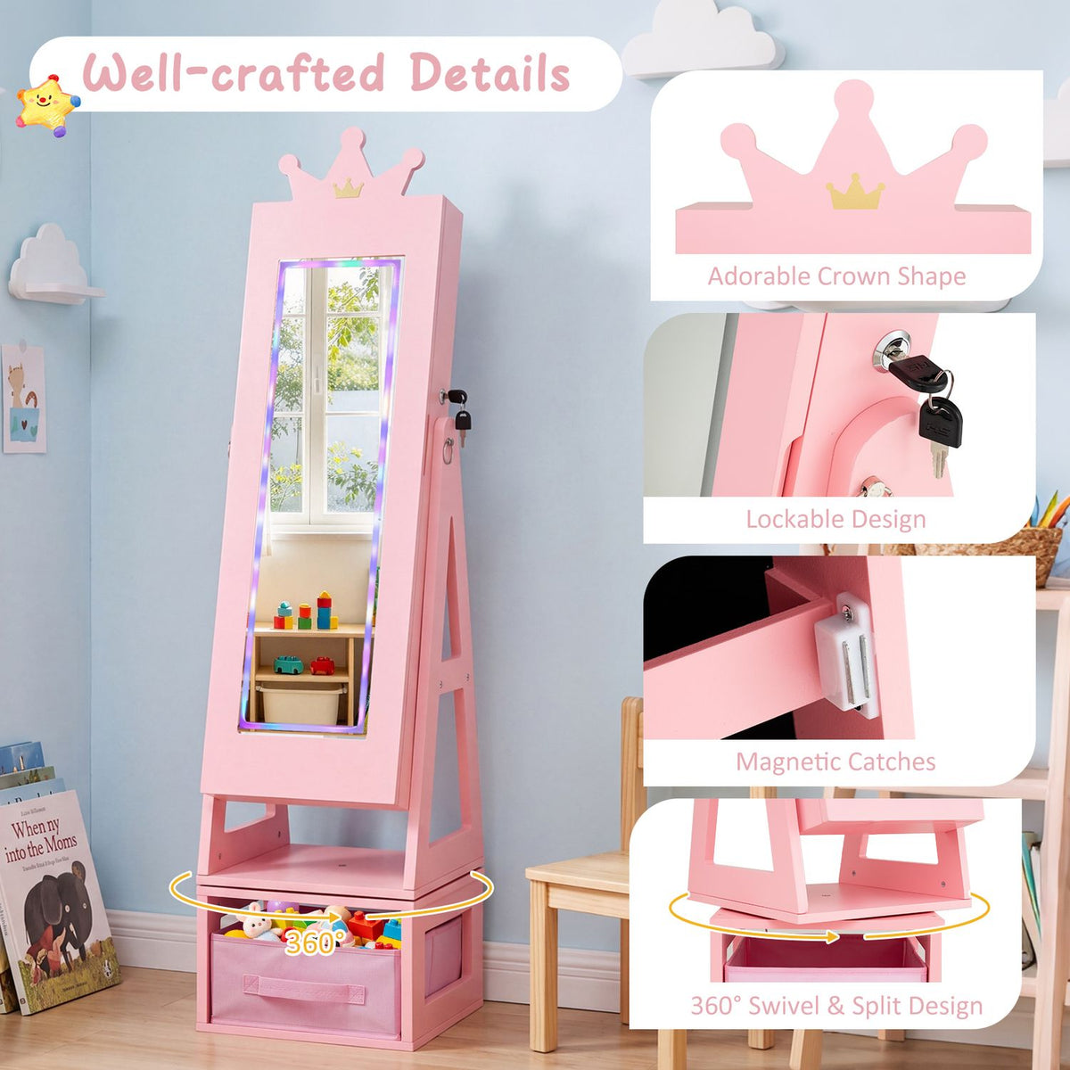 3-in-1 Kids Jewelry Cabinet with Lighted Full Length Mirror and Internal Mirror