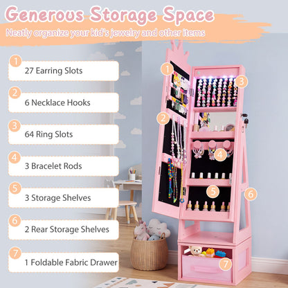 3-in-1 Kids Jewelry Cabinet with Lighted Full Length Mirror and Internal Mirror