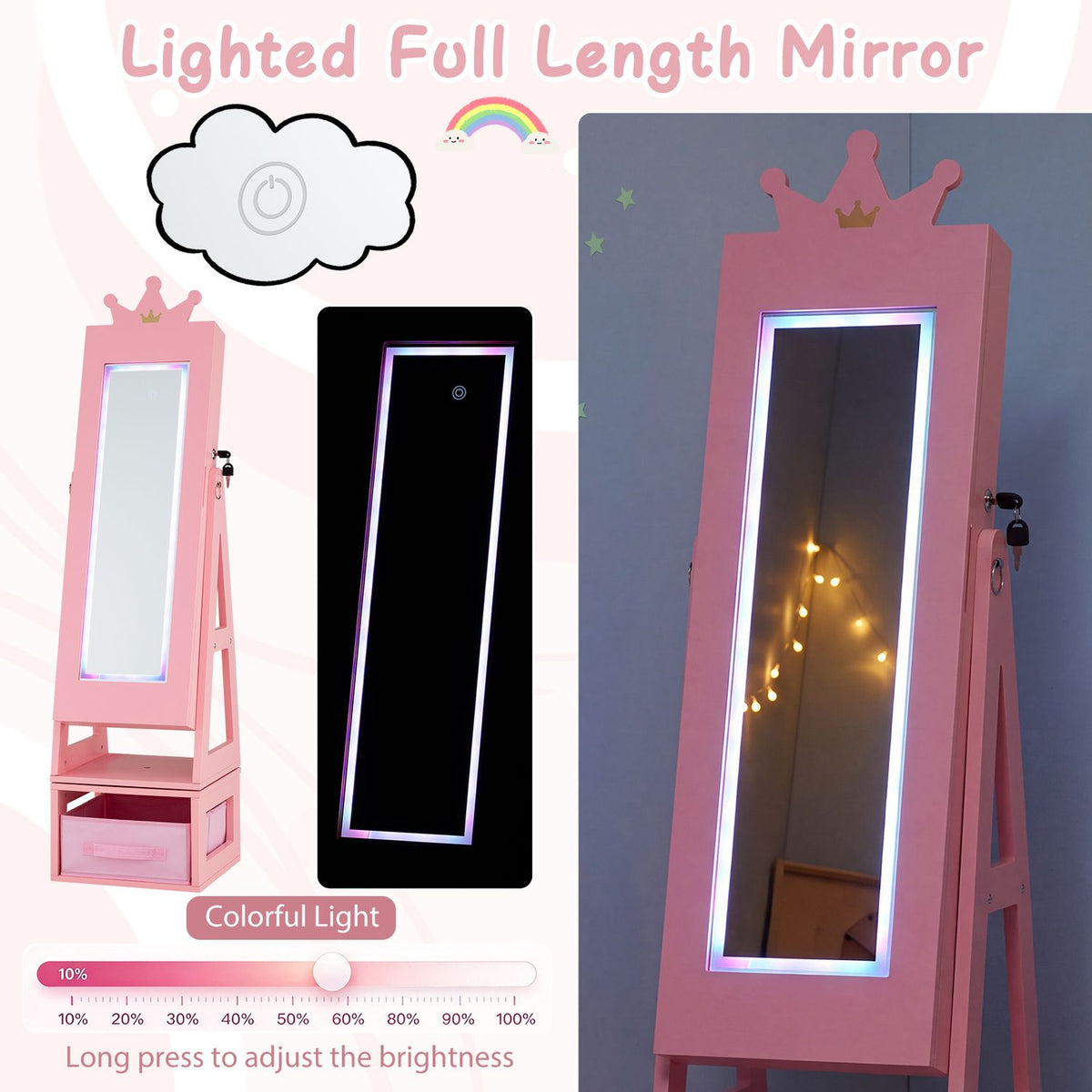 3-in-1 Kids Jewelry Cabinet with Lighted Full Length Mirror and Internal Mirror