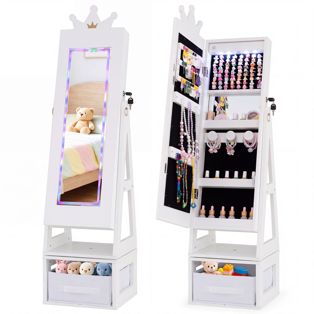 3-in-1 Kids Jewelry Cabinet with Lighted Full Length Mirror and Internal Mirror