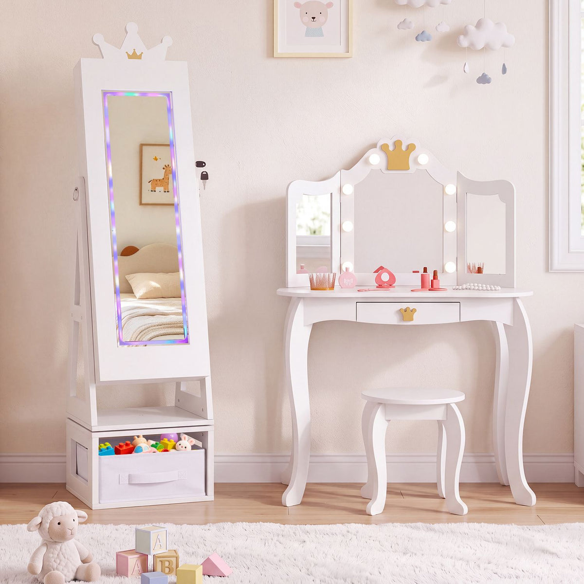 3-in-1 Kids Jewelry Cabinet with Lighted Full Length Mirror and Internal Mirror