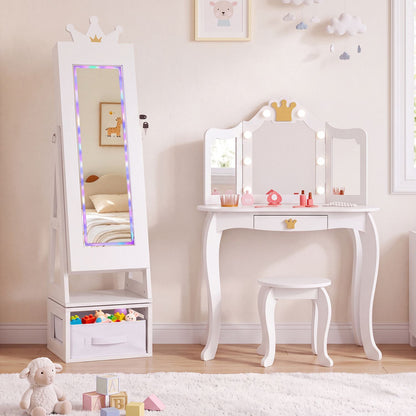 3-in-1 Kids Jewelry Cabinet with Lighted Full Length Mirror and Internal Mirror