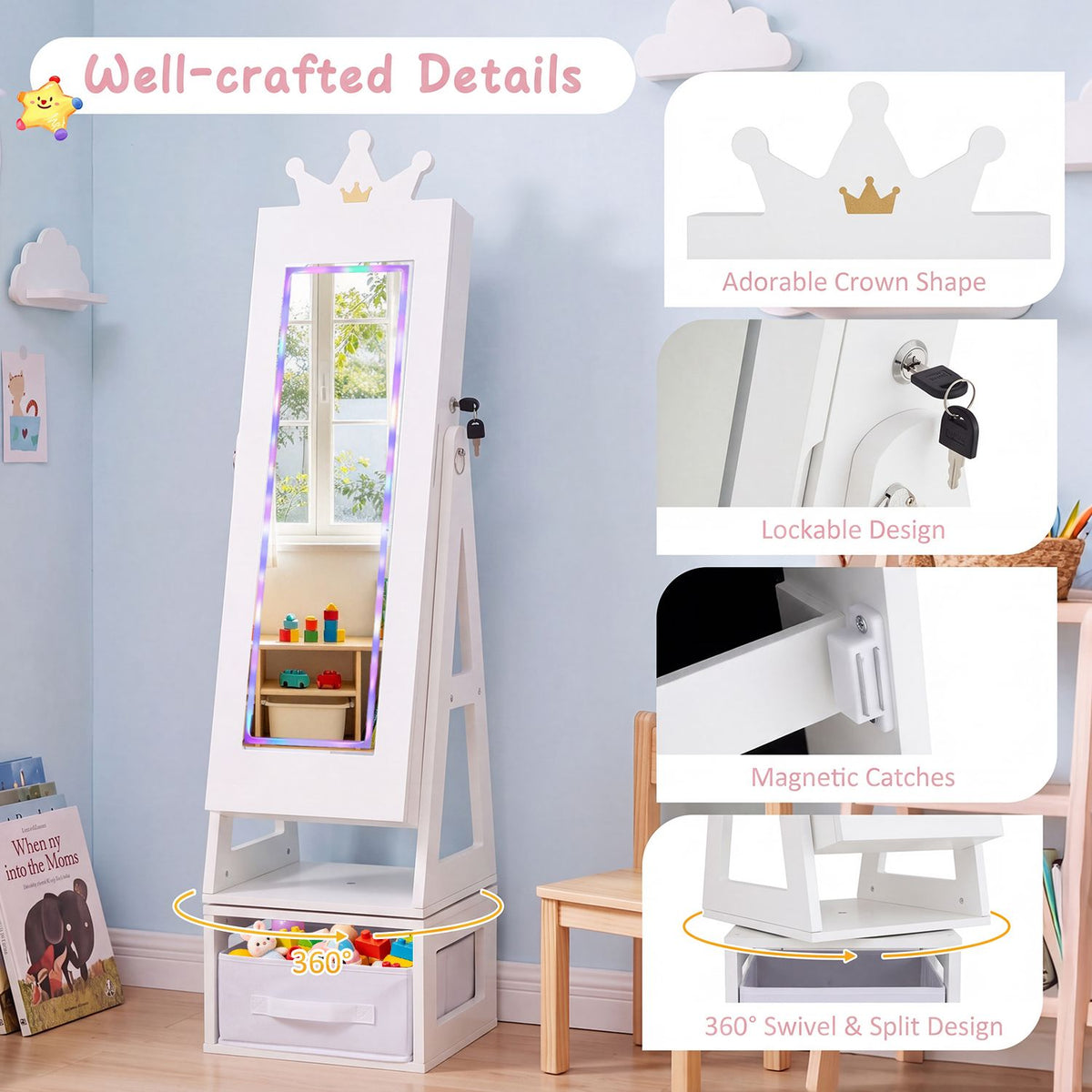 3-in-1 Kids Jewelry Cabinet with Lighted Full Length Mirror and Internal Mirror