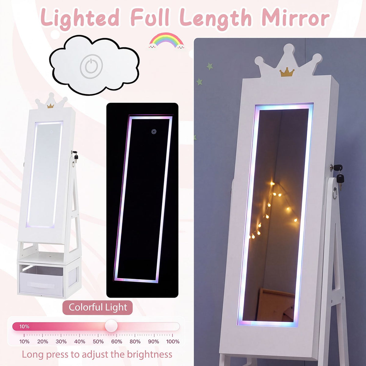 3-in-1 Kids Jewelry Cabinet with Lighted Full Length Mirror and Internal Mirror
