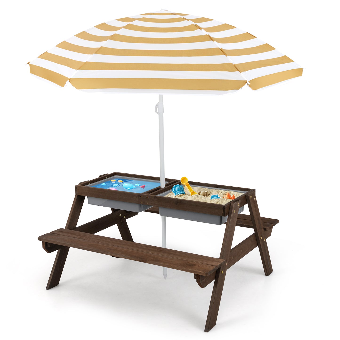 3-in-1 Kids Outdoor Picnic Water Sand Table with Umbrella Play Boxes-Green - Coffee