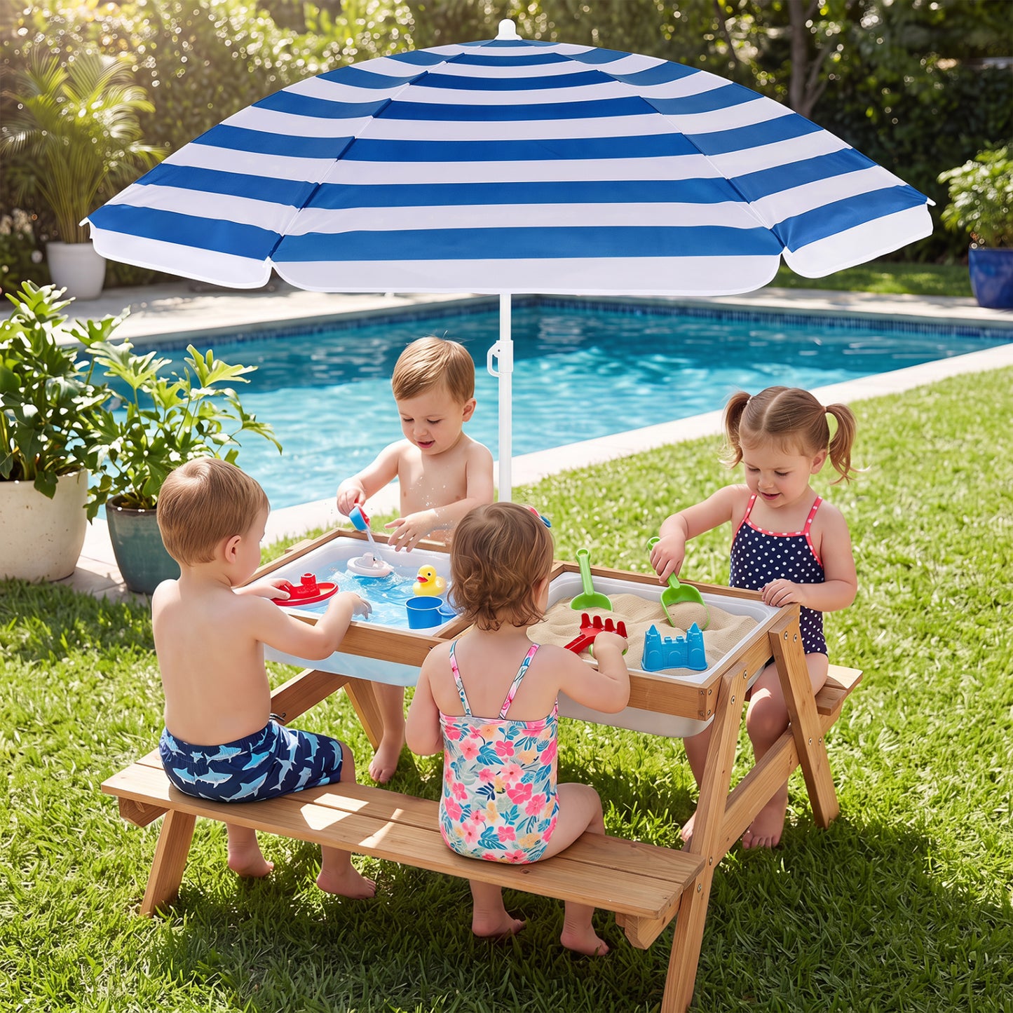 Kids Outdoor Picnic Water Sand Table with Umbrella