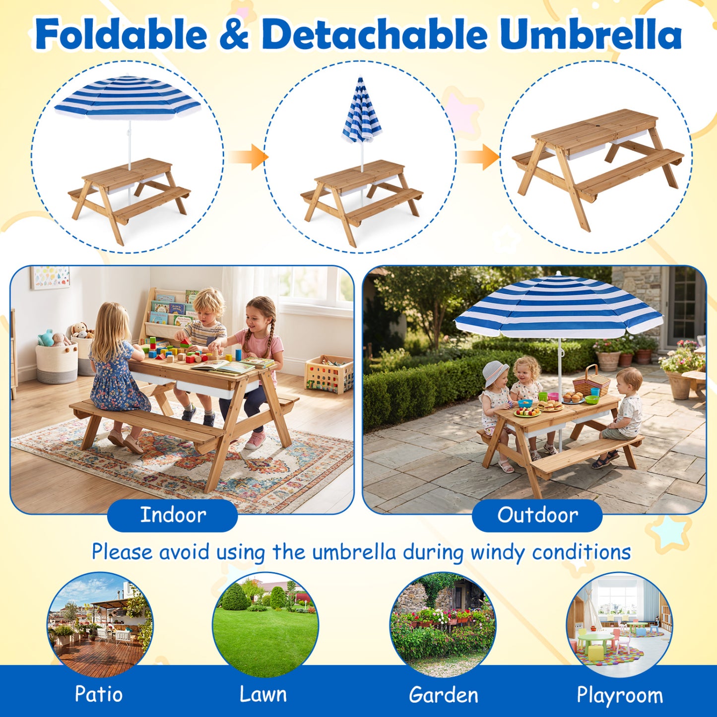 Kids Outdoor Picnic Water Sand Table with Umbrella