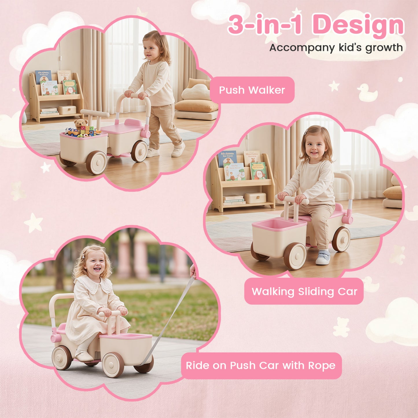 3-in-1 Kids Ride On Push Car with Rope and Storage Basket