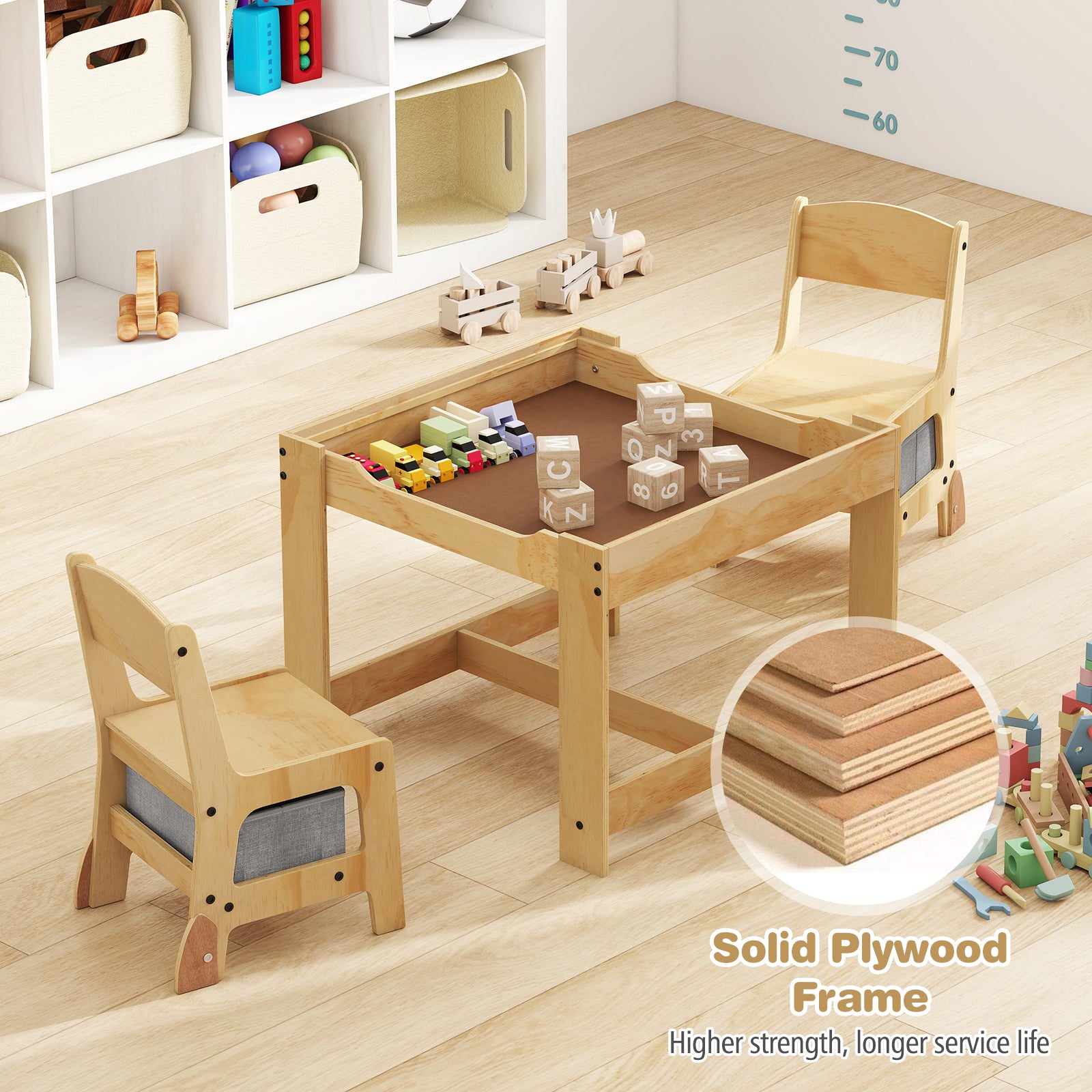 3 in 1 Kids Table and Chair Set with Removable Tabletop and 2 Storage Drawers-Gray