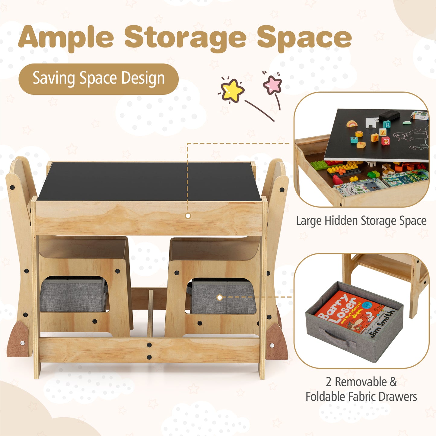 3 in 1 Kids Table and Chair Set with Removable Tabletop and 2 Storage Drawers-Gray