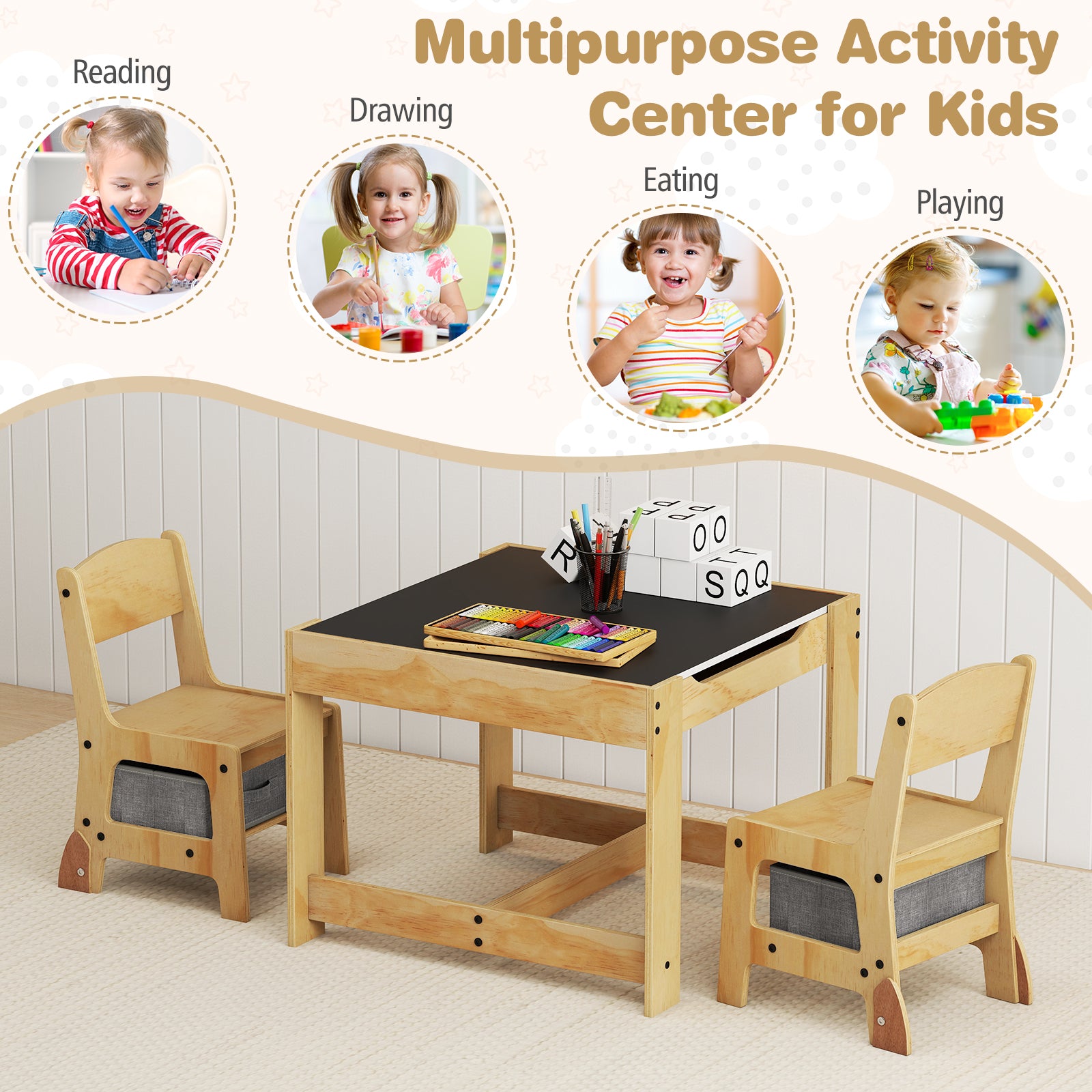 3 in 1 Kids Table and Chair Set with Removable Tabletop and 2 Storage Drawers-Gray
