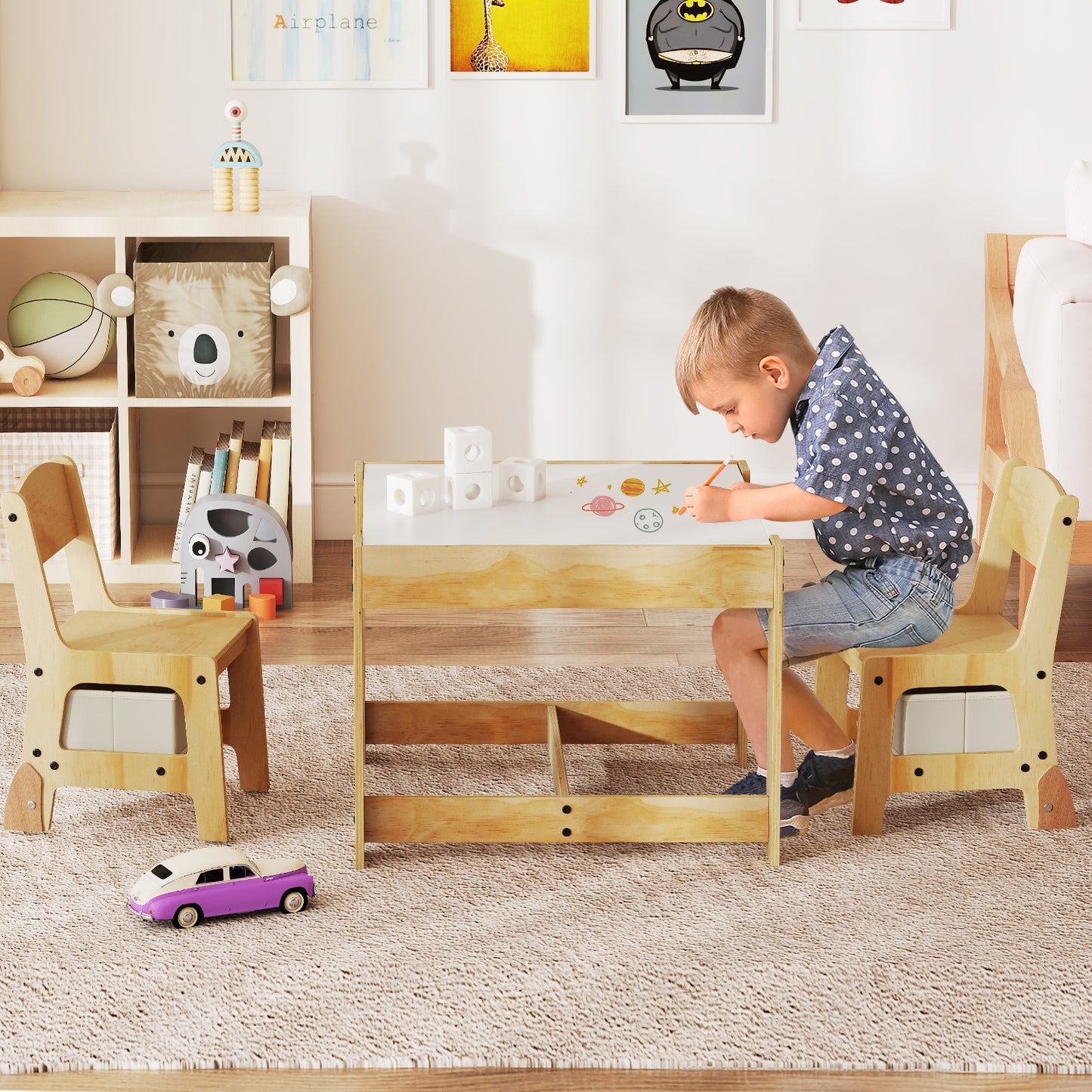 3 in 1 Kids Table and Chair Set with Removable Tabletop and 2 Storage Drawers-Natural