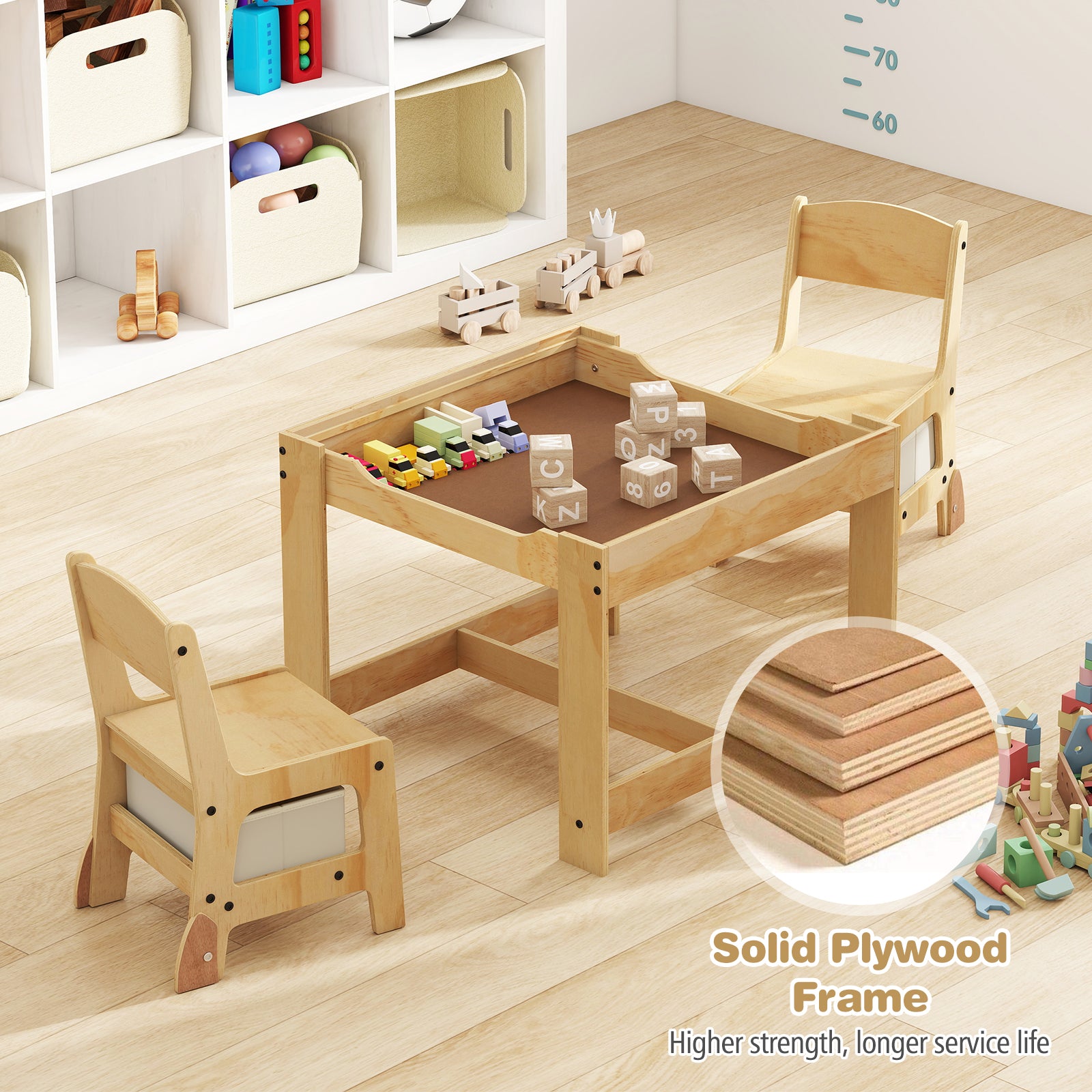 3 in 1 Kids Table and Chair Set with Removable Tabletop and 2 Storage Drawers-Natural