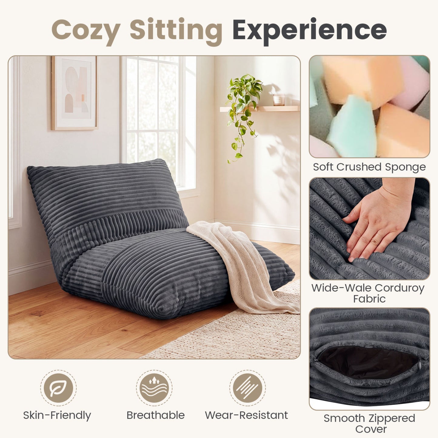 3-in-1 Convertible Bean Bag Chair with Corduroy Fabric