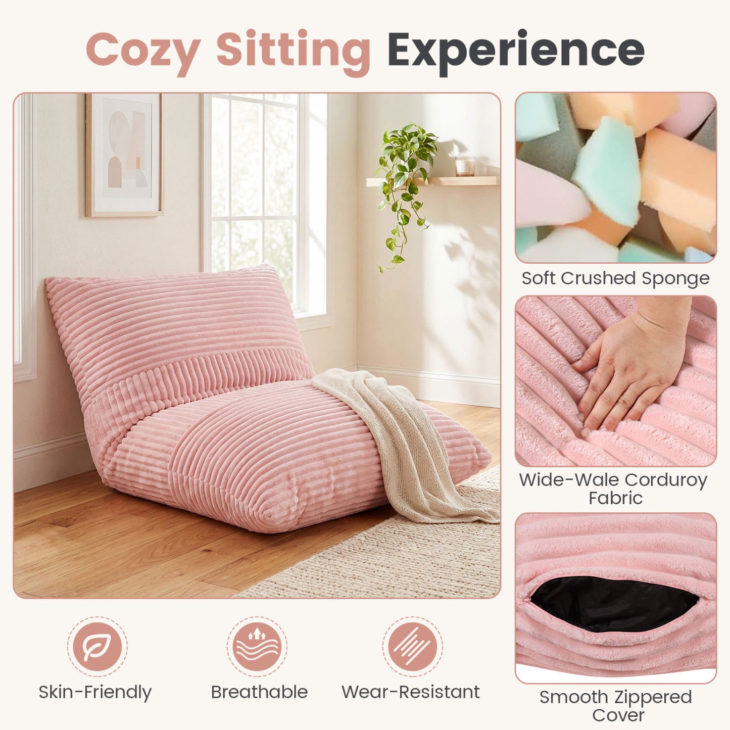 3-in-1 Convertible Bean Bag Chair with Corduroy Fabric