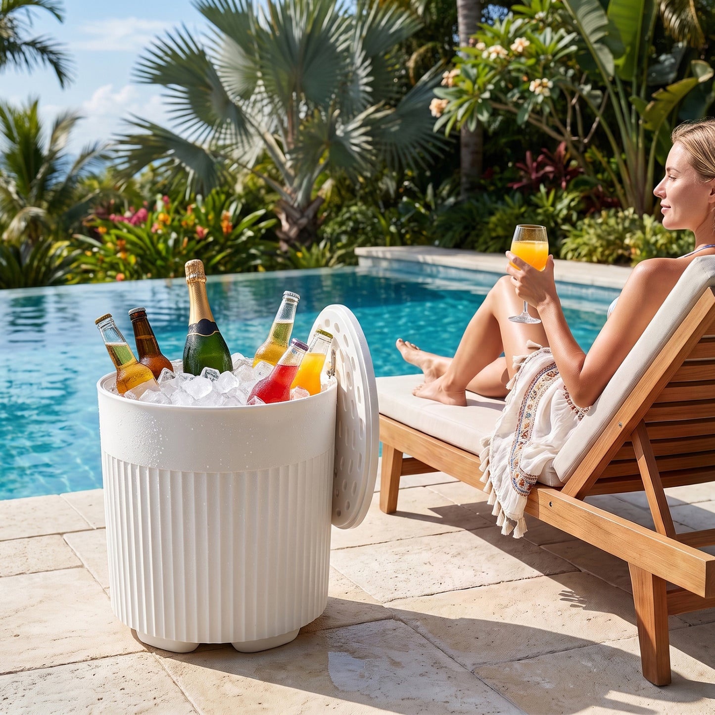 Outdoor Cooler Side Table with Fluted Design - 6.2 Gallon