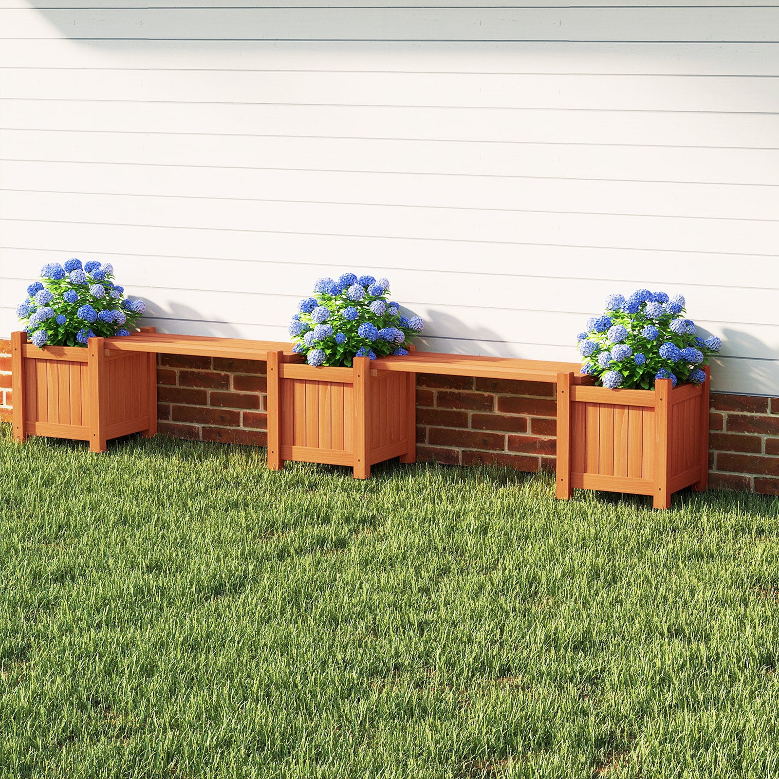 3-in-1 Outdoor Planter Box with Bench 2-Person Outdoor Bench with 2 Side Garden Beds-Orange