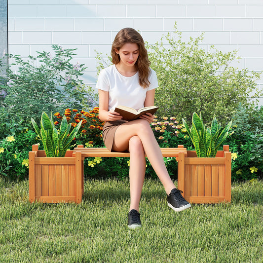 3-in-1 Outdoor Planter Box with Bench 2-Person Outdoor Bench with 2 Side Garden Beds-Orange