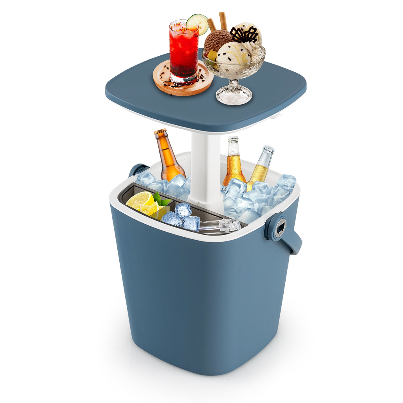 3-in-1 Portable Cooler Bar Table with Bottle Opener and Lift Top Lid for Camping Poolside-Black - Blue