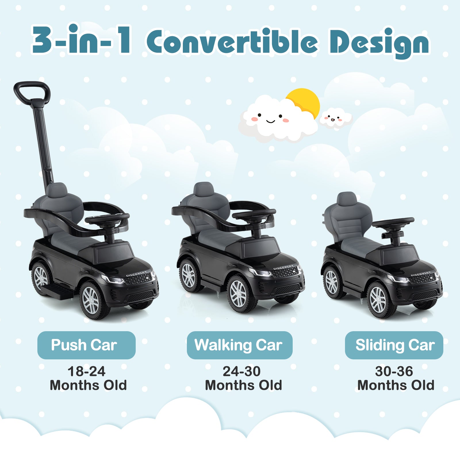 3 in 1 Push Car with Removable Handle and Guardrail for Kids 18-36 Months Old-Black