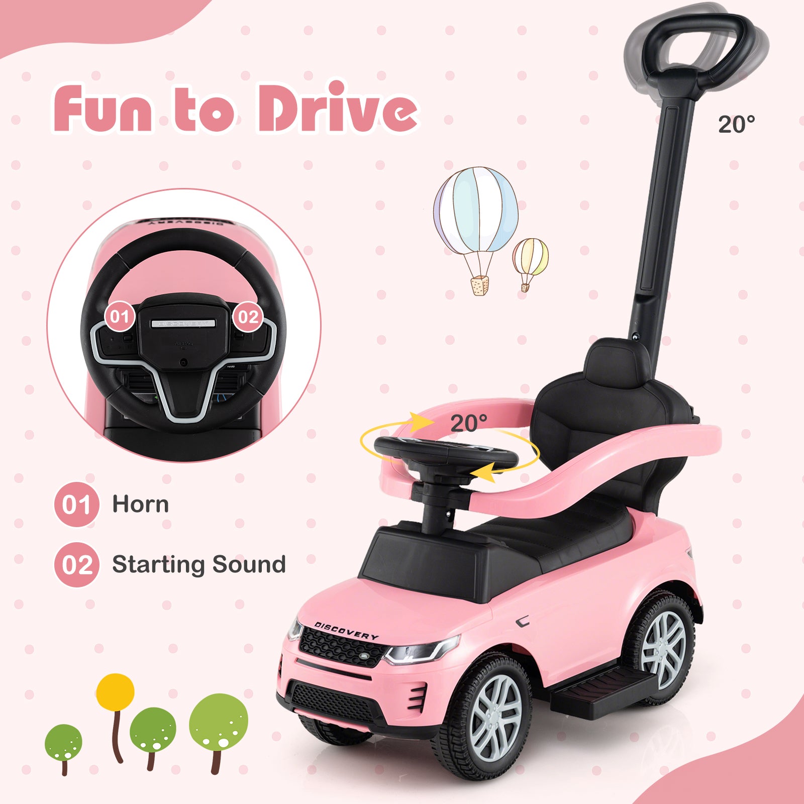 3 in 1 Push Car with Removable Handle and Guardrail for Kids 18-36 Months Old-Pink