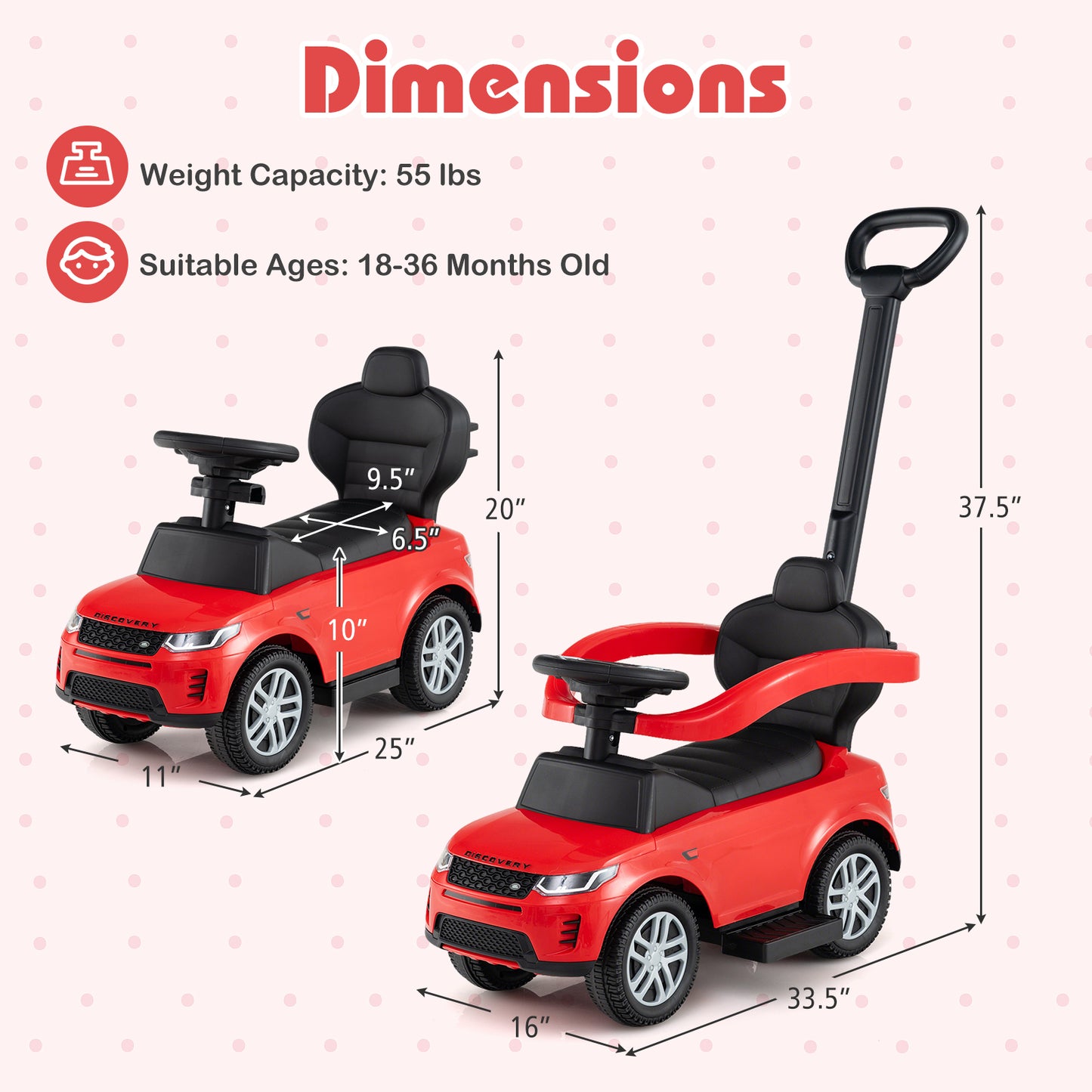 3 in 1 Push Car with Removable Handle and Guardrail for Kids 18-36 Months Old-Red