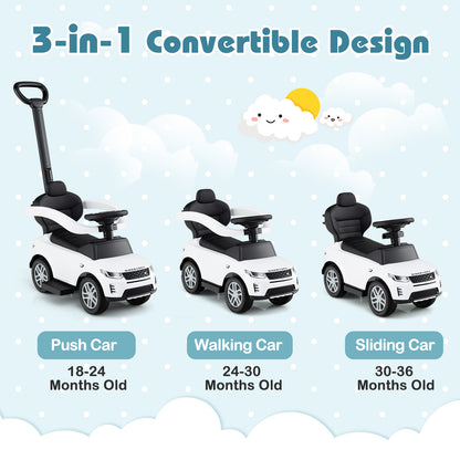 3 in 1 Push Car with Removable Handle and Guardrail for Kids 18-36 Months Old-White