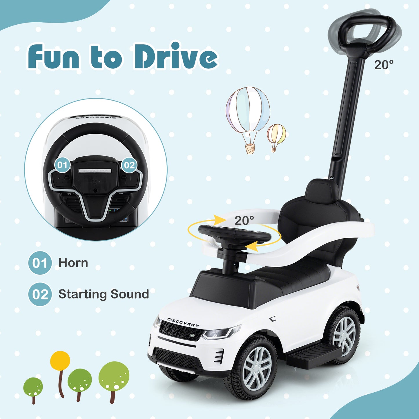3 in 1 Push Car with Removable Handle and Guardrail for Kids 18-36 Months Old-White