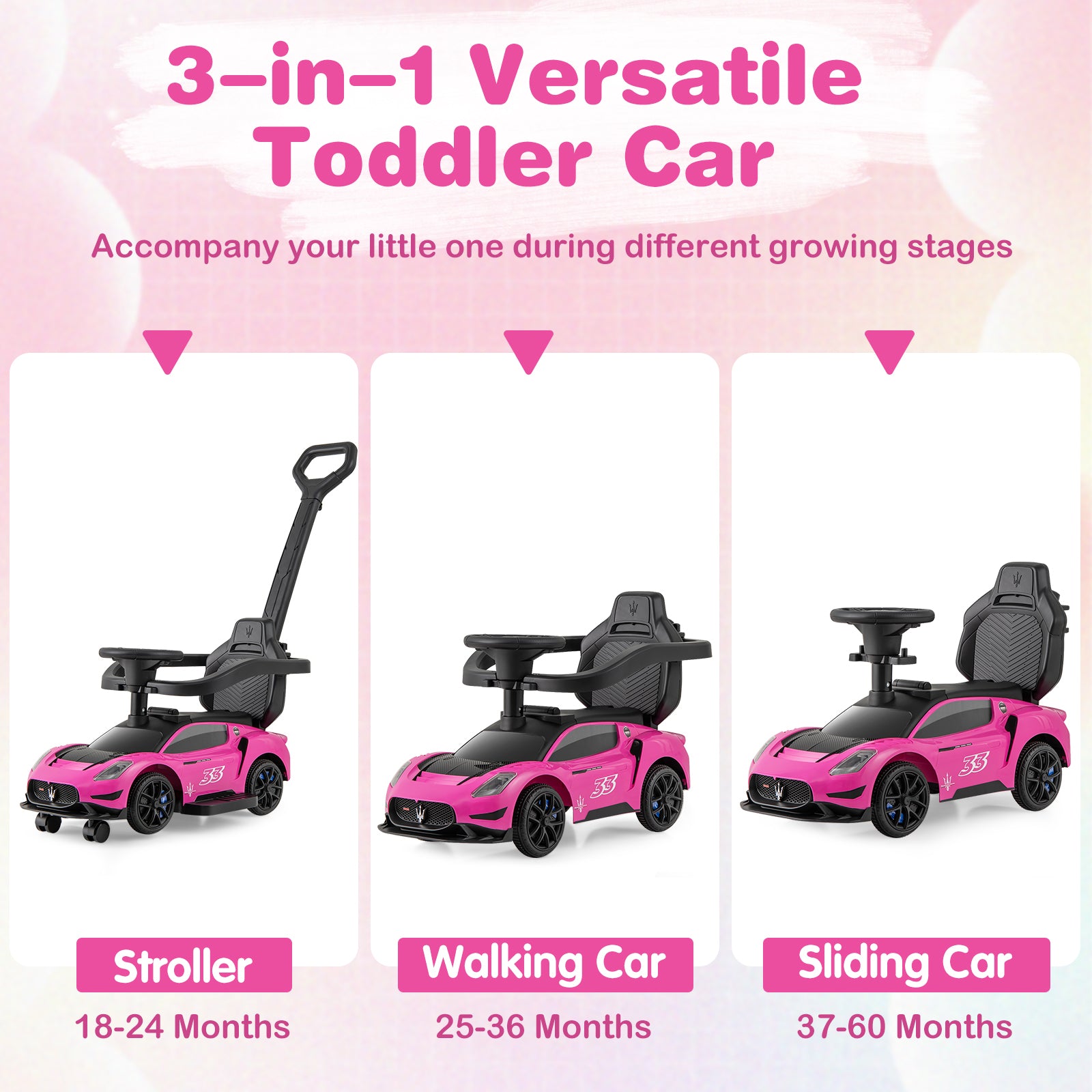 3-in-1 Ride on Push Car Maserati Licensed Sliding Car with Music-Pink