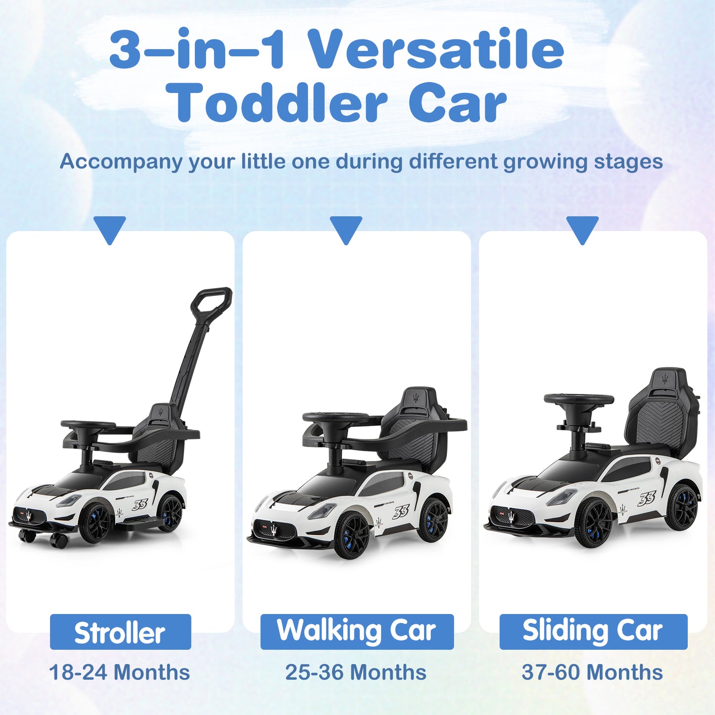 3-in-1 Ride on Push Car Maserati Licensed Sliding Car with Music-White